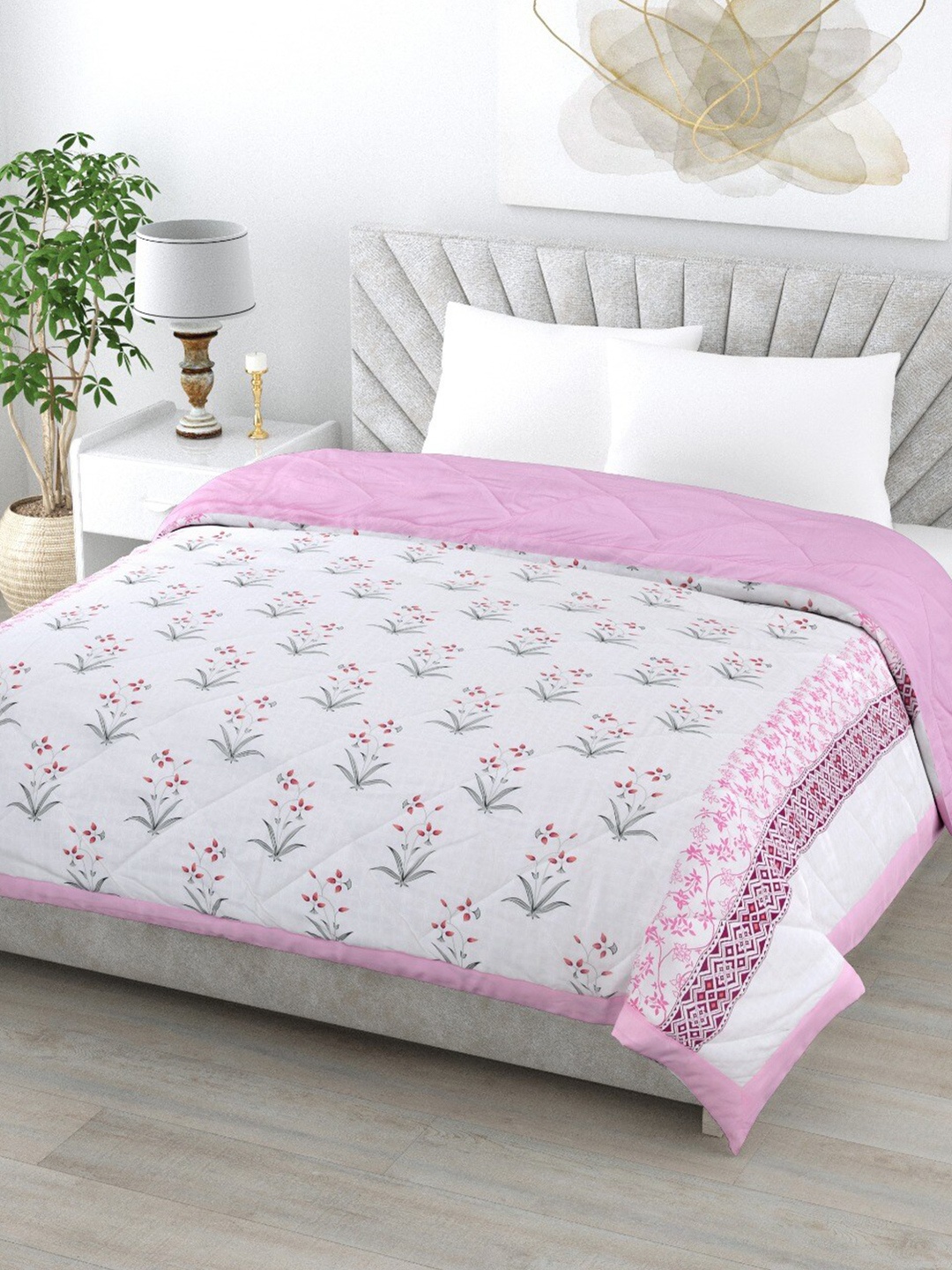 

Gulaab Jaipur White & Pink Printed 350 GSM Cotton Reversible Double Bed Comforter