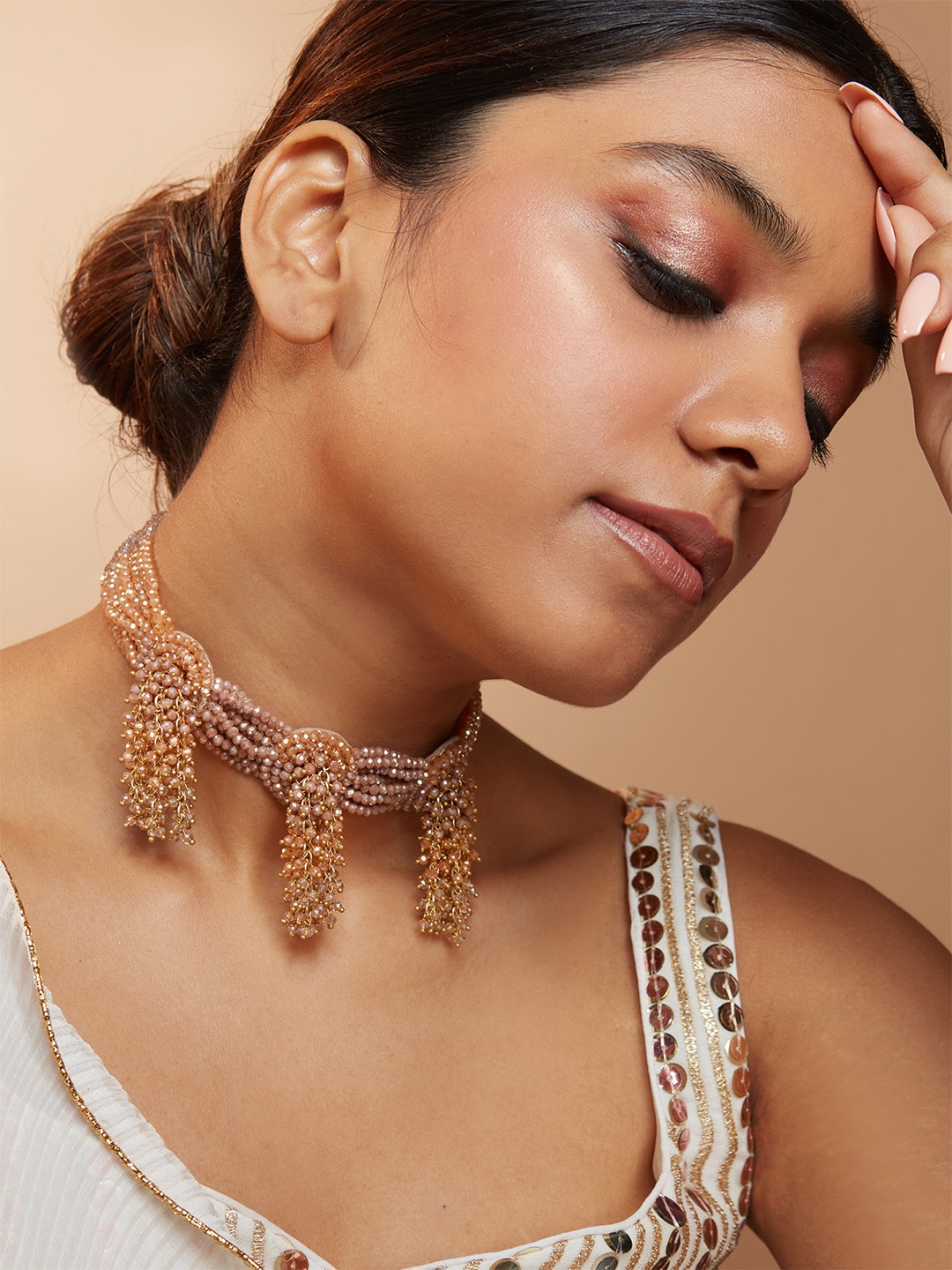 

D'oro Peach-Coloured Gold-Plated Pearl Choker