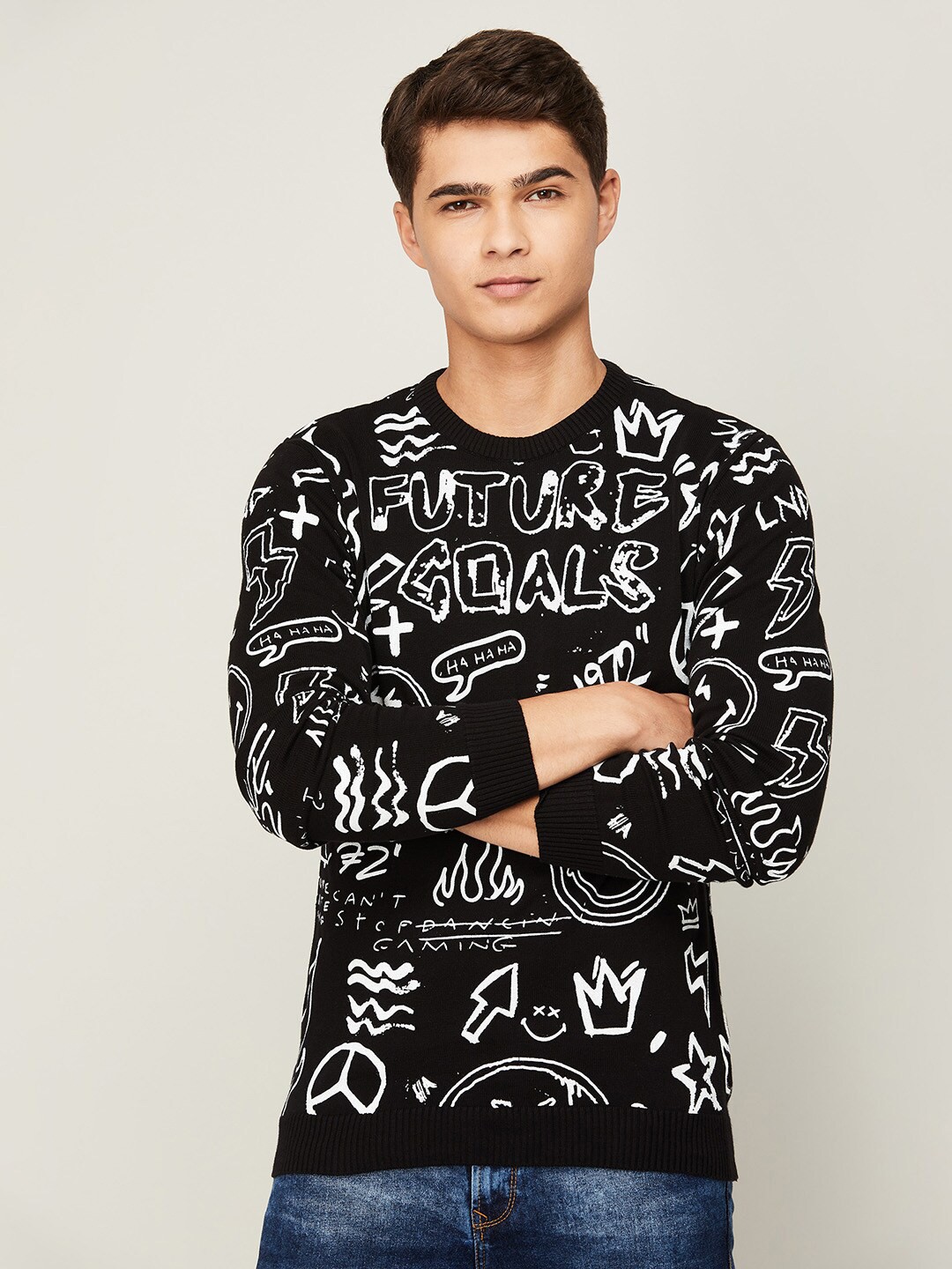 

SmileyWorld Men Black Printed Cotton Sweatshirt