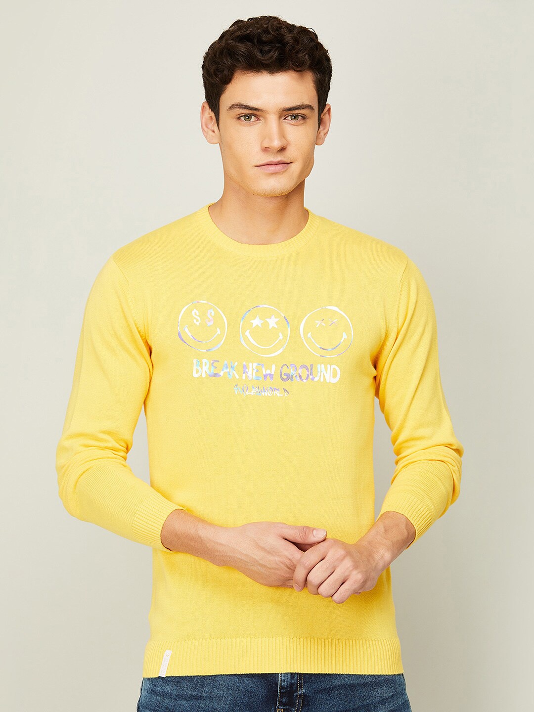 

SmileyWorld Men Yellow Printed Cotton Sweatshirt