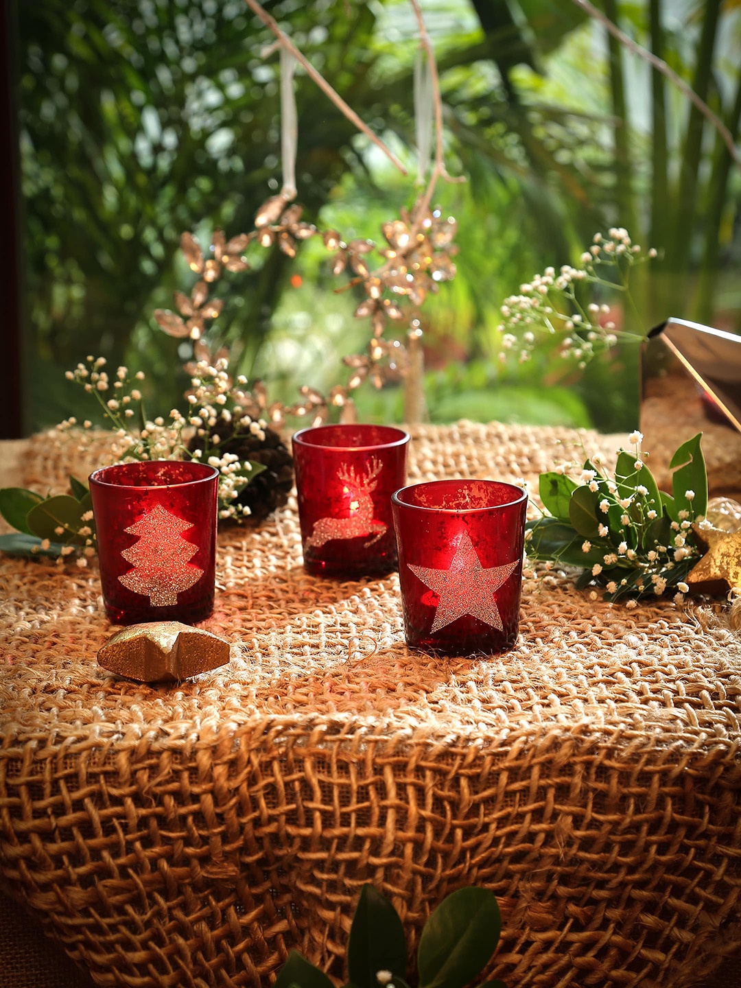 

Amoliconcepts Set Of 3 Red Printed Candle Holders