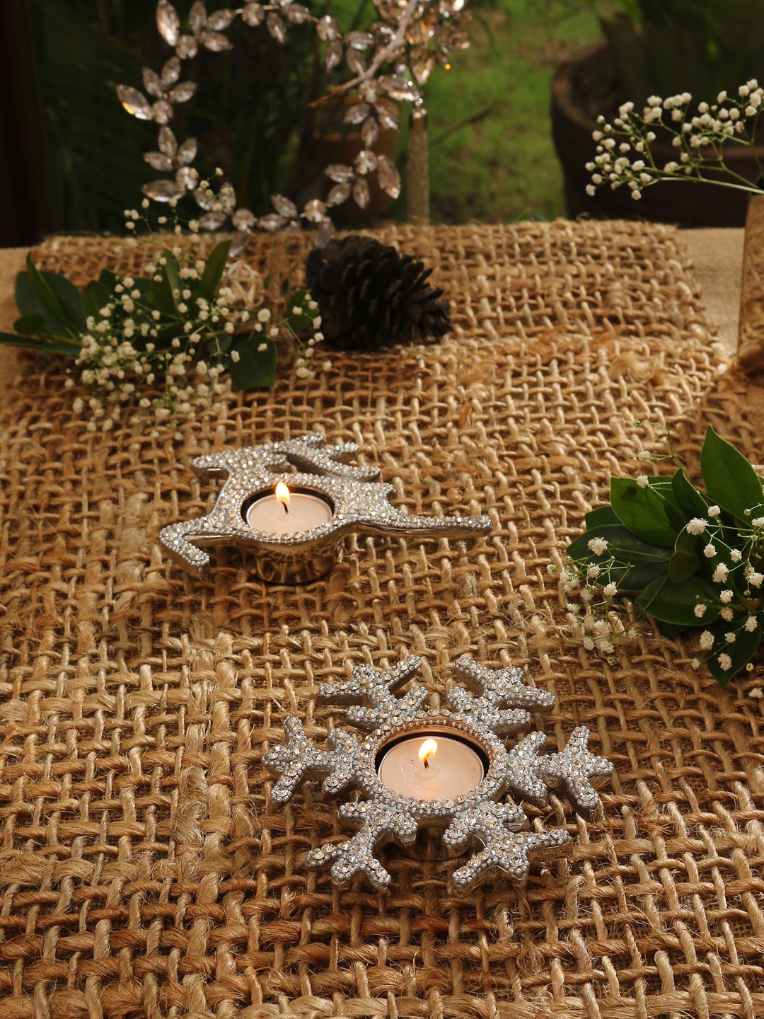 

Amoliconcepts Set Of 2 Silver-Toned Reindeer & Snowflake Candle Holder With Rhine Stones