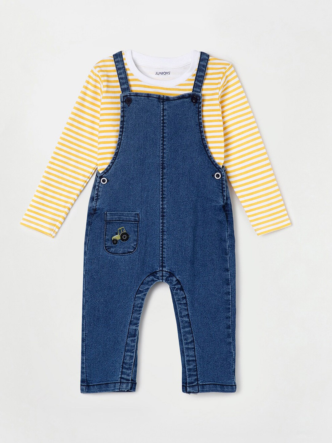 

Juniors by Lifestyle Boys Blue Cotton Solid Slim-Fit Dungarees With Striped T-shirt