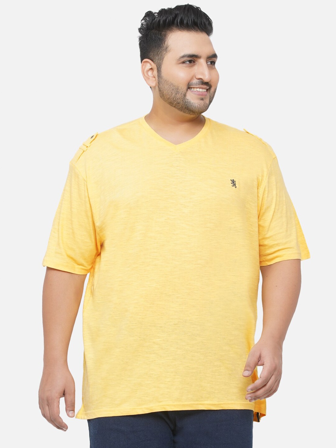 

Santonio Men Plus Size Yellow V-Neck Pure Cotton T-shirt