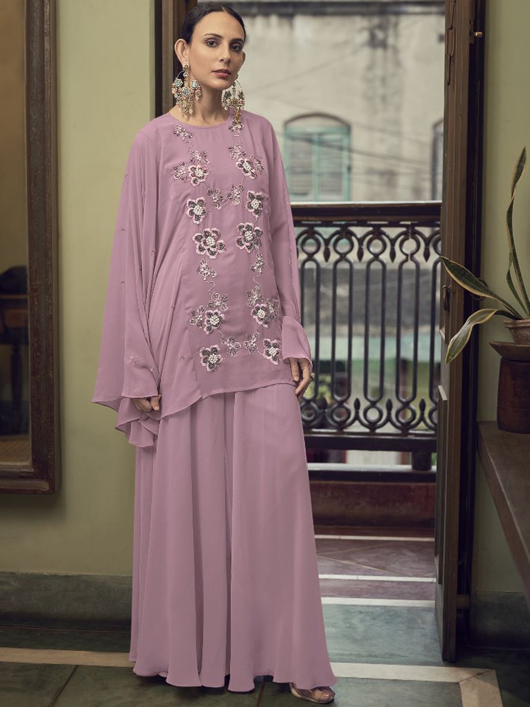 

AUTUMN LANE Women Lavender Floral Embroidered Silk Georgette Kurti with Skirt