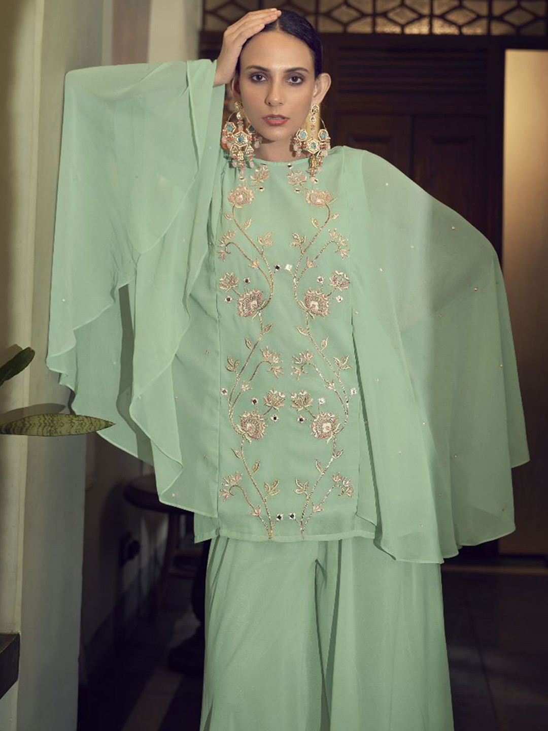 

AUTUMN LANE Women Green Floral Embroidered Silk Georgette Kurti with Palazzos