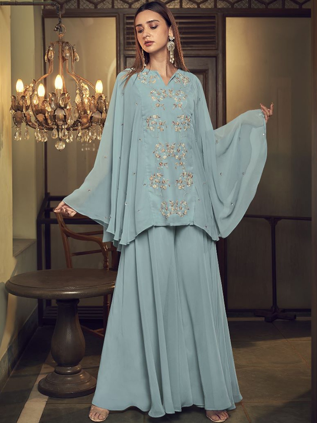

AUTUMN LANE Women Blue Floral Embroidered Silk Georgette Kurti with Sharara