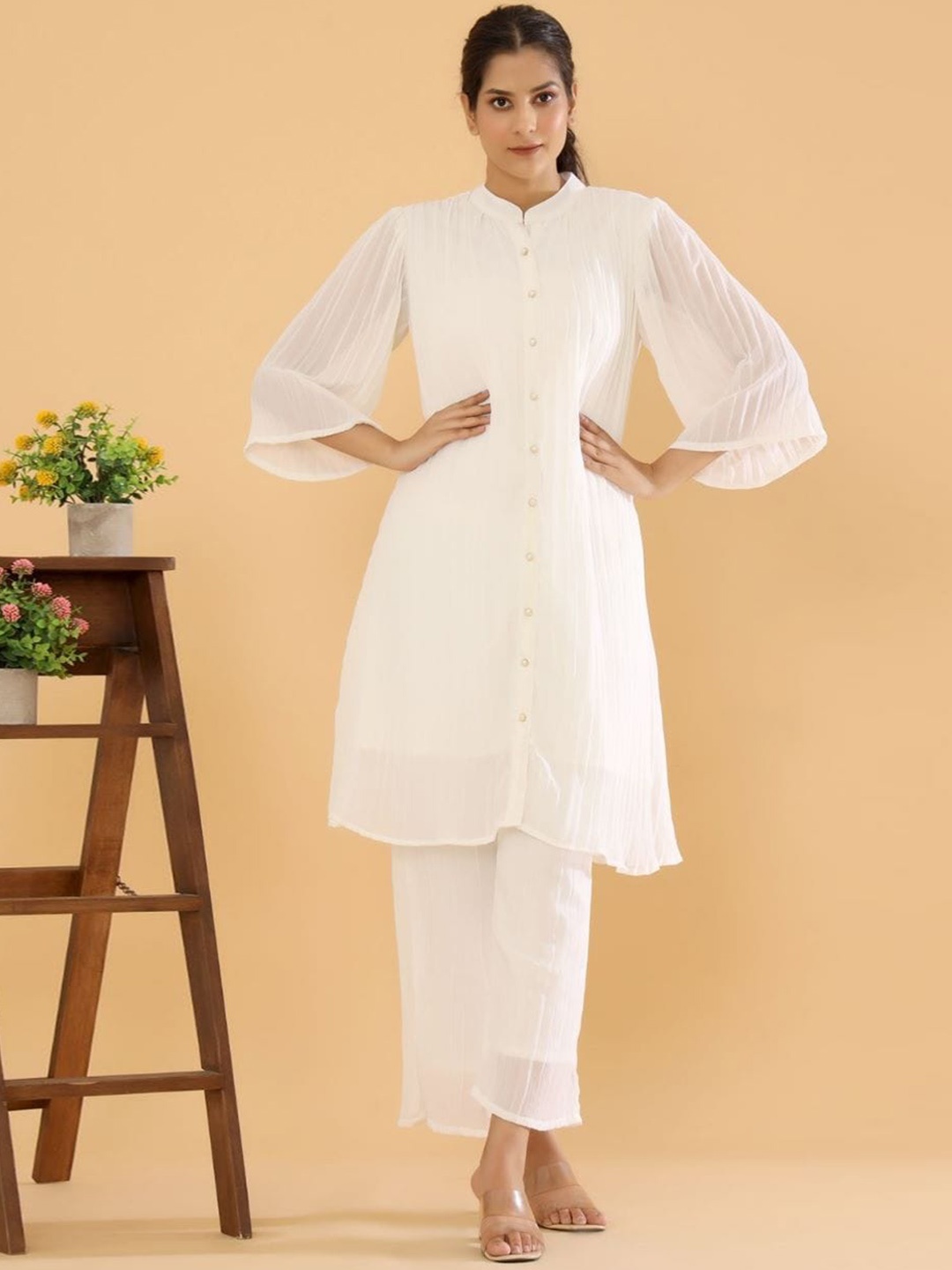 

AUTUMN LANE Women White Pleated Kurta with Trousers