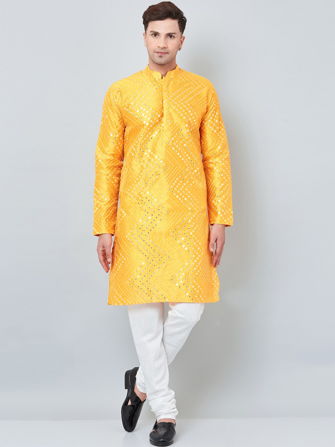 

Armaan Ethnic Embellished Mirror Work Dupion Silk Kurta, Yellow