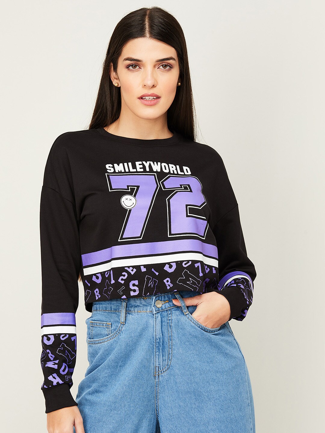 

SmileyWorld Women Black Printed Cotton Crop Sweatshirt