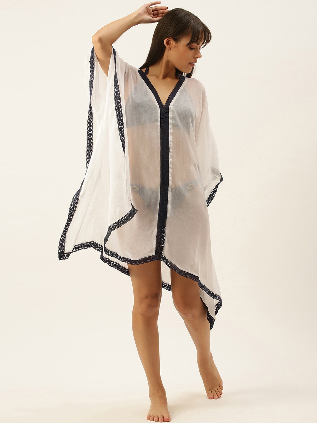 

SECRETS BY ZEROKAATA Women Blue & White Striped Cover Up Dress Swimwear