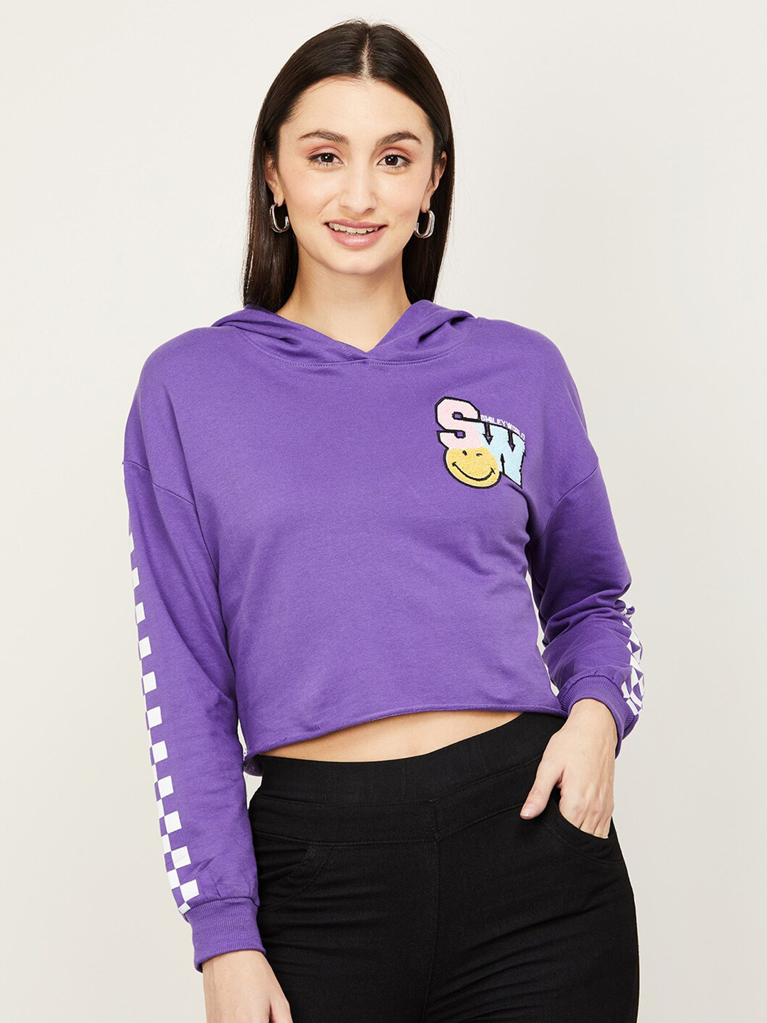

SmileyWorld Women Purple Printed Hooded Cotton Sweatshirt