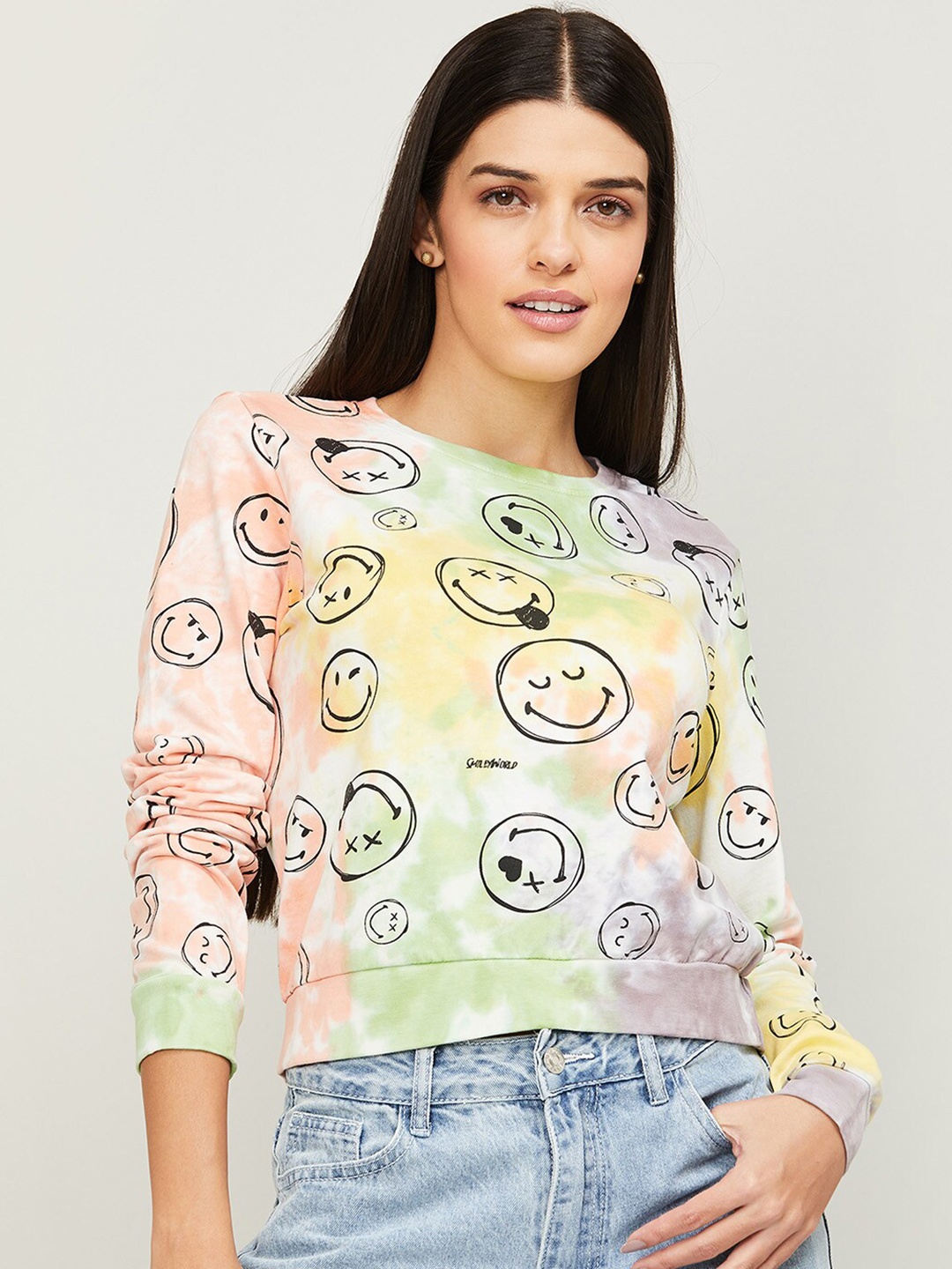 

SmileyWorld Women Peach-Coloured & Yellow Printed Cotton Sweatshirt