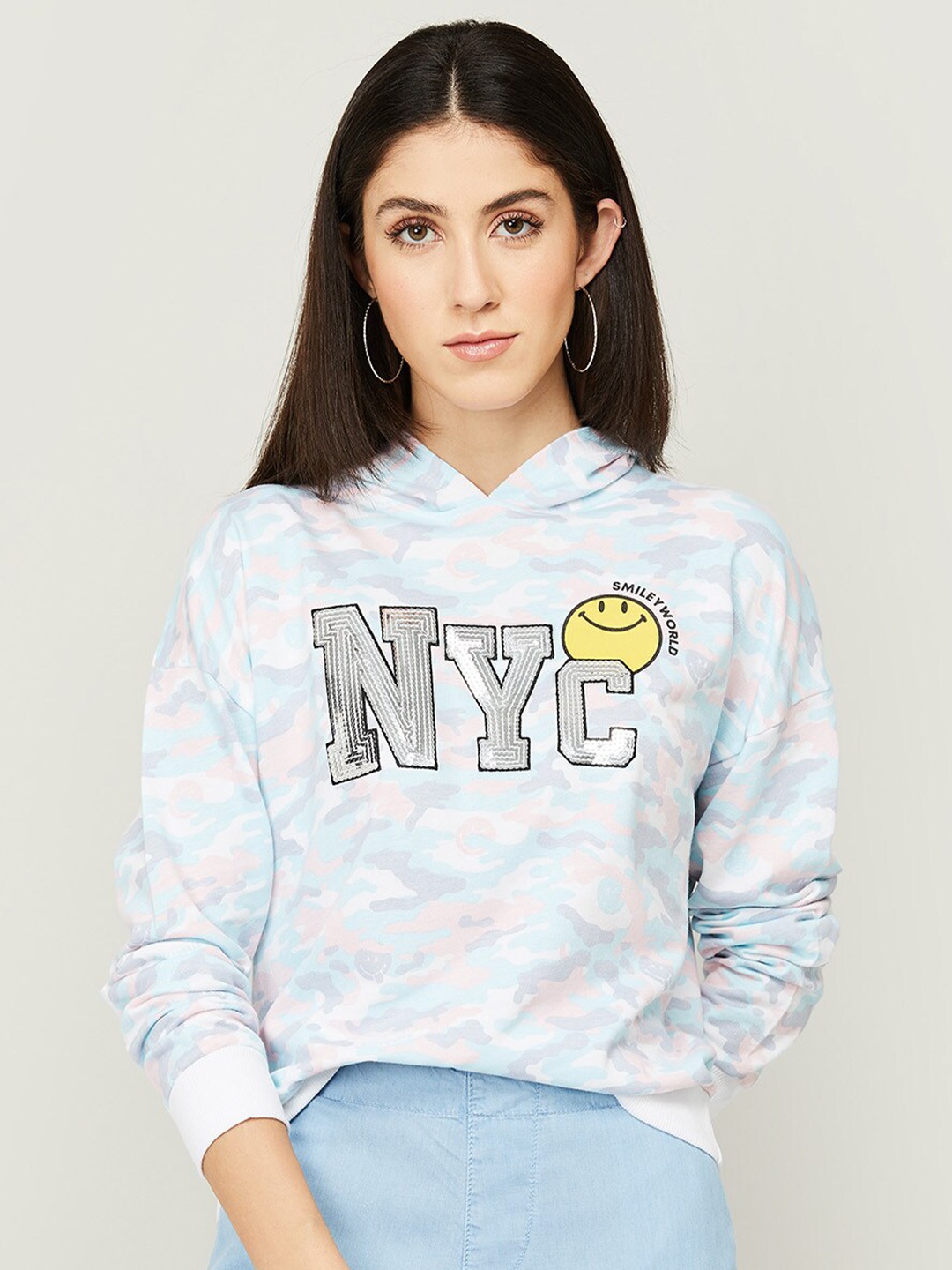 

SmileyWorld Women Blue & White Printed Hooded Cotton Sweatshirt
