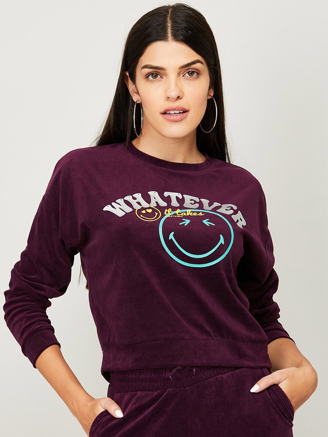 

SmileyWorld Women Burgundy Printed Sweatshirt