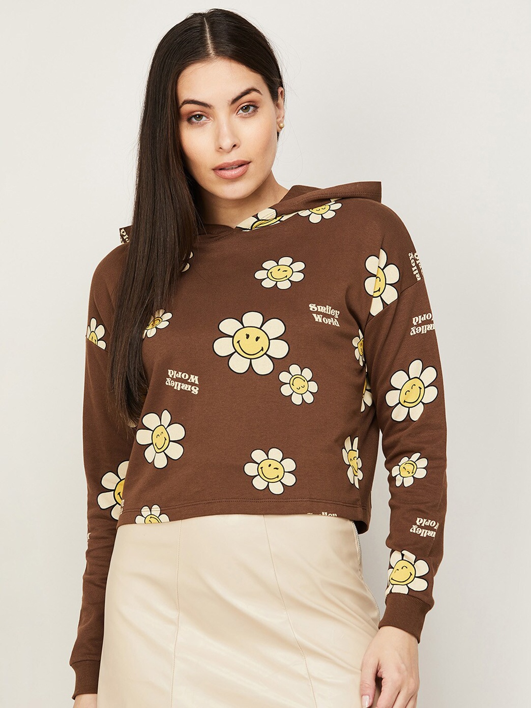 

SmileyWorld Women Brown Printed Hooded Cotton Sweatshirt