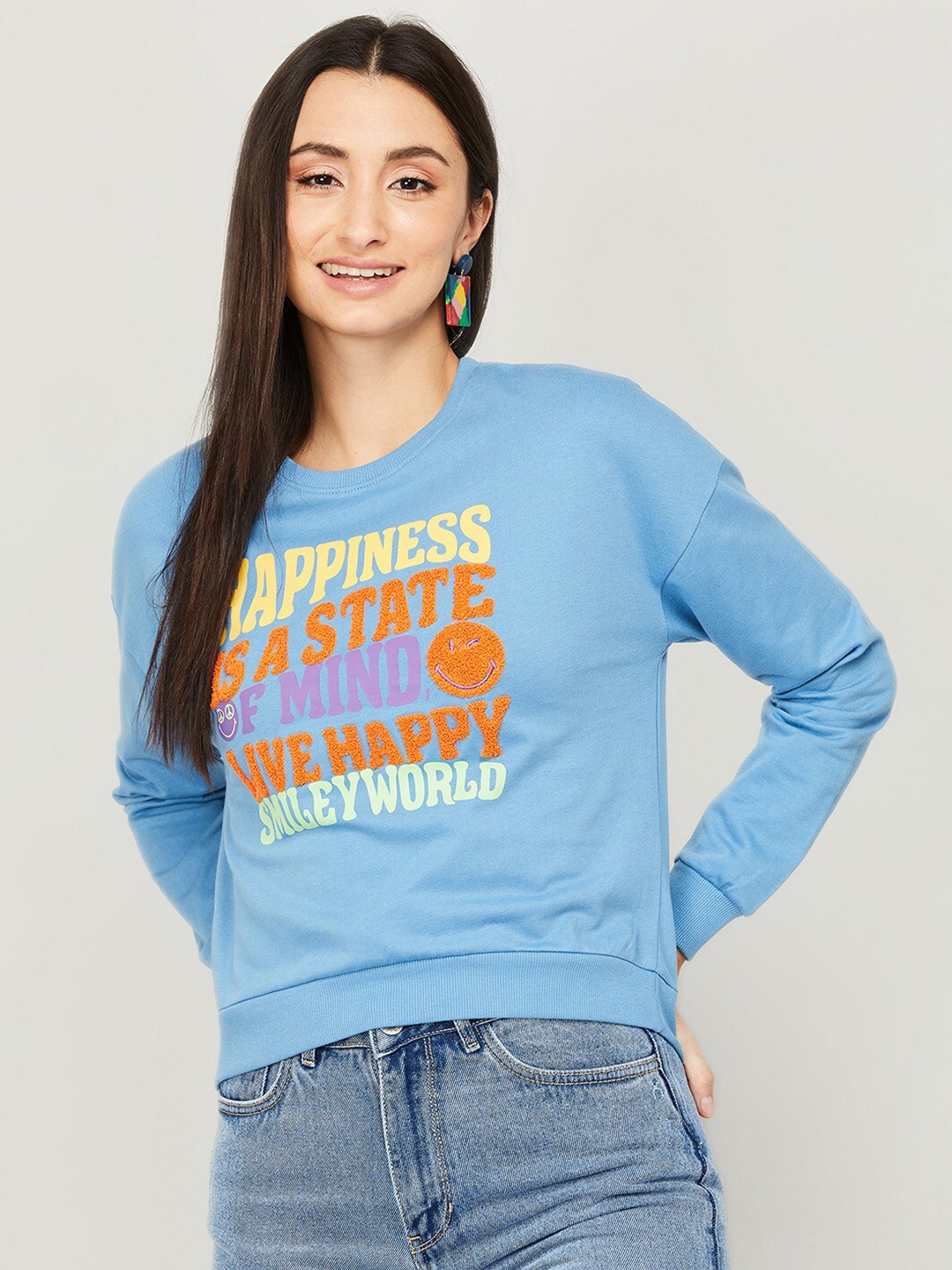 

SmileyWorld Women Blue Printed Cotton Sweatshirt