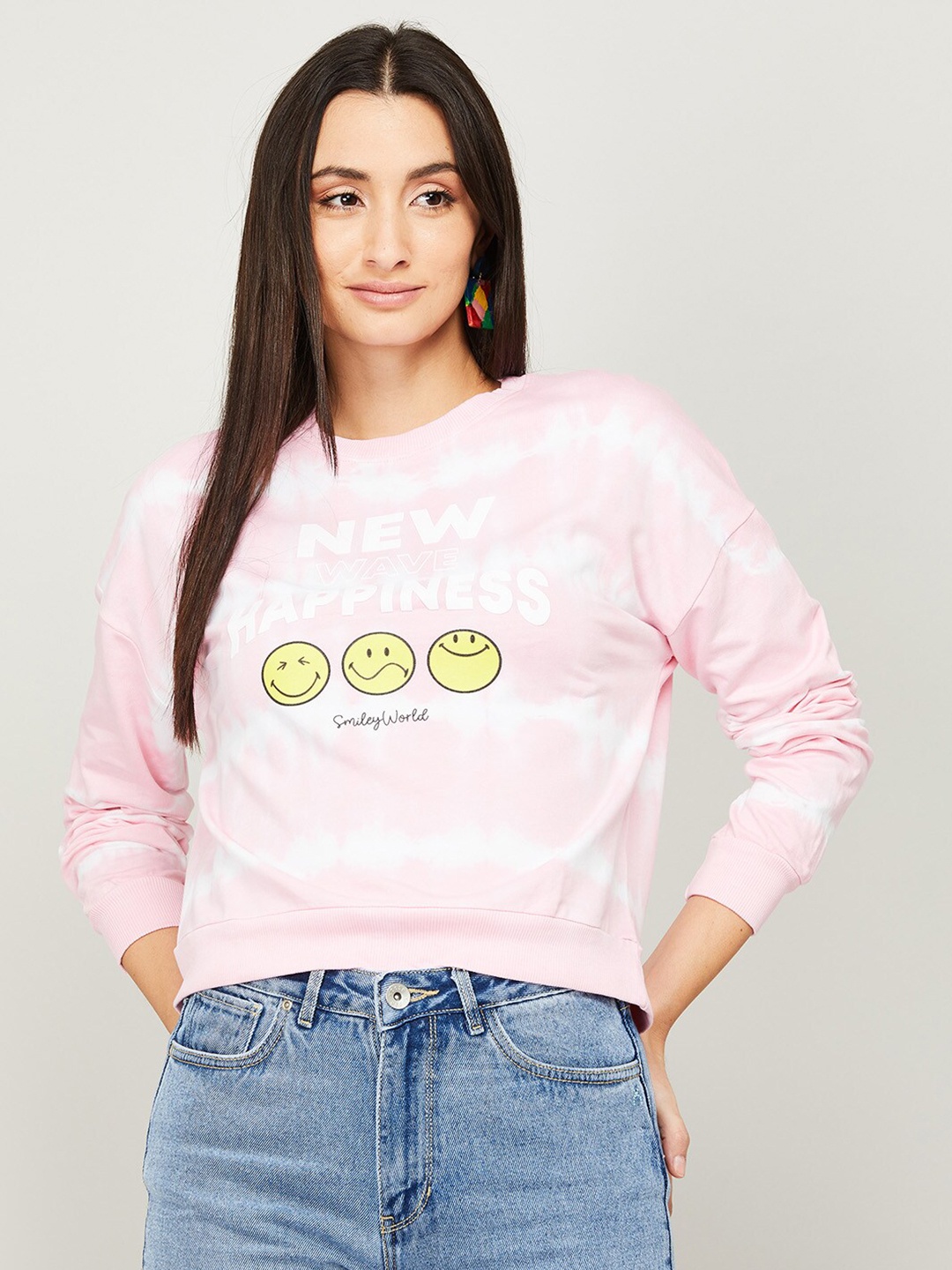 SmileyWorld Women Pink Printed Cotton Sweatshirt
