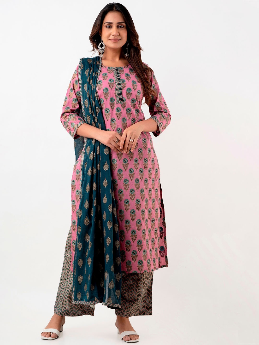 

Fusion Threads Women Pink Printed Pure Cotton Kurta With Palazzos & With Dupatta