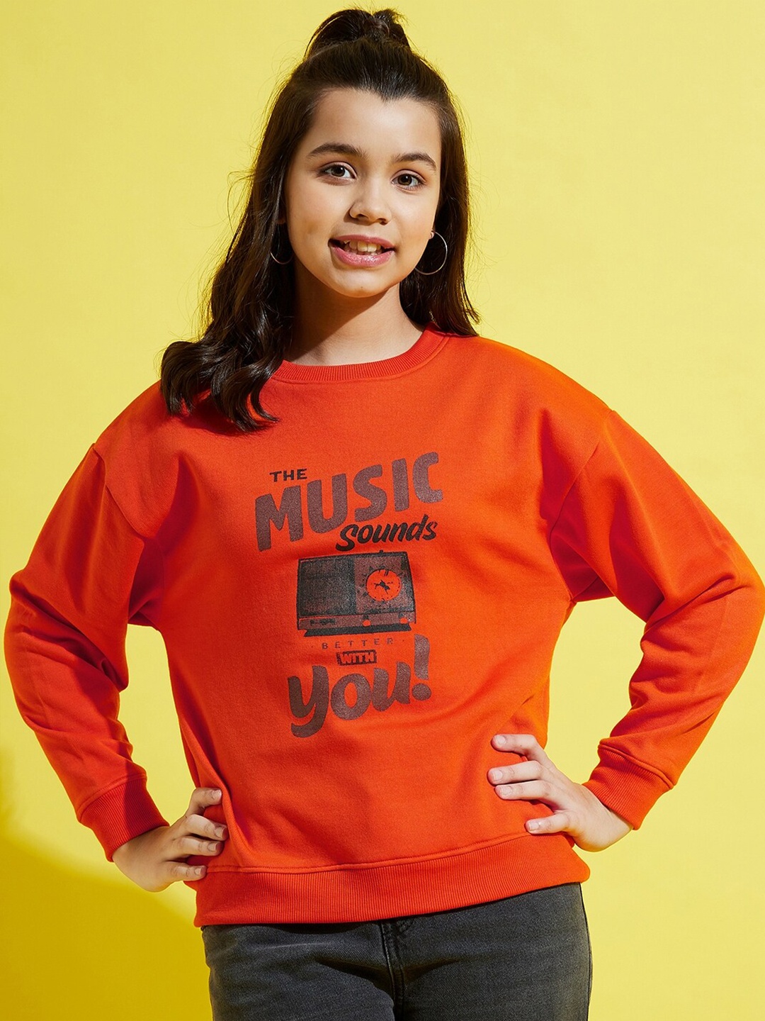 

Noh Voh - SASSAFRAS Kids Girls Orange Printed Sweatshirt