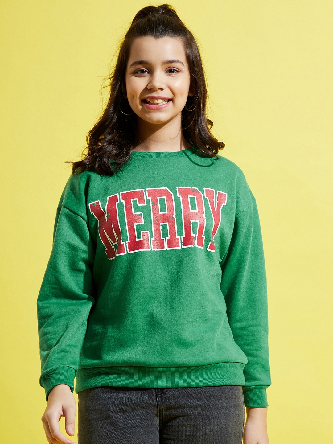 

Noh Voh - SASSAFRAS Kids Girls Green Printed Cotton Sweatshirt