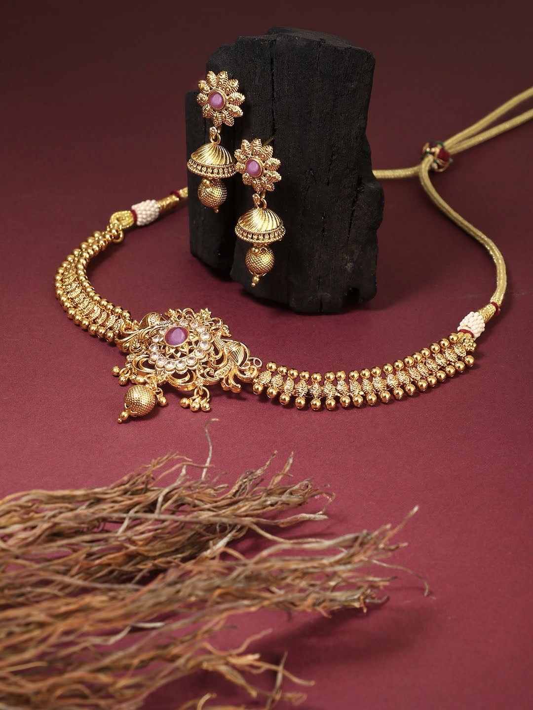

Adwitiya Collection 24k Gold-Plated Red Stone-Studded & Beaded Jewellery Set