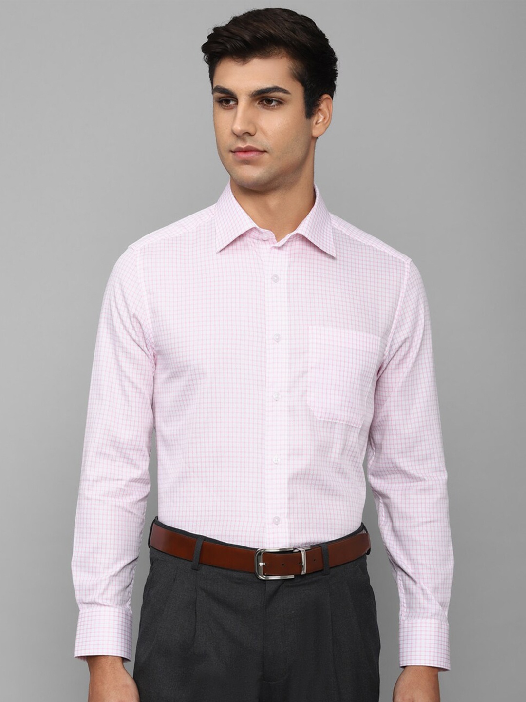 

Louis Philippe Men Slim Fit Grid Tattersall Checked Cotton Formal Shirt, Pink