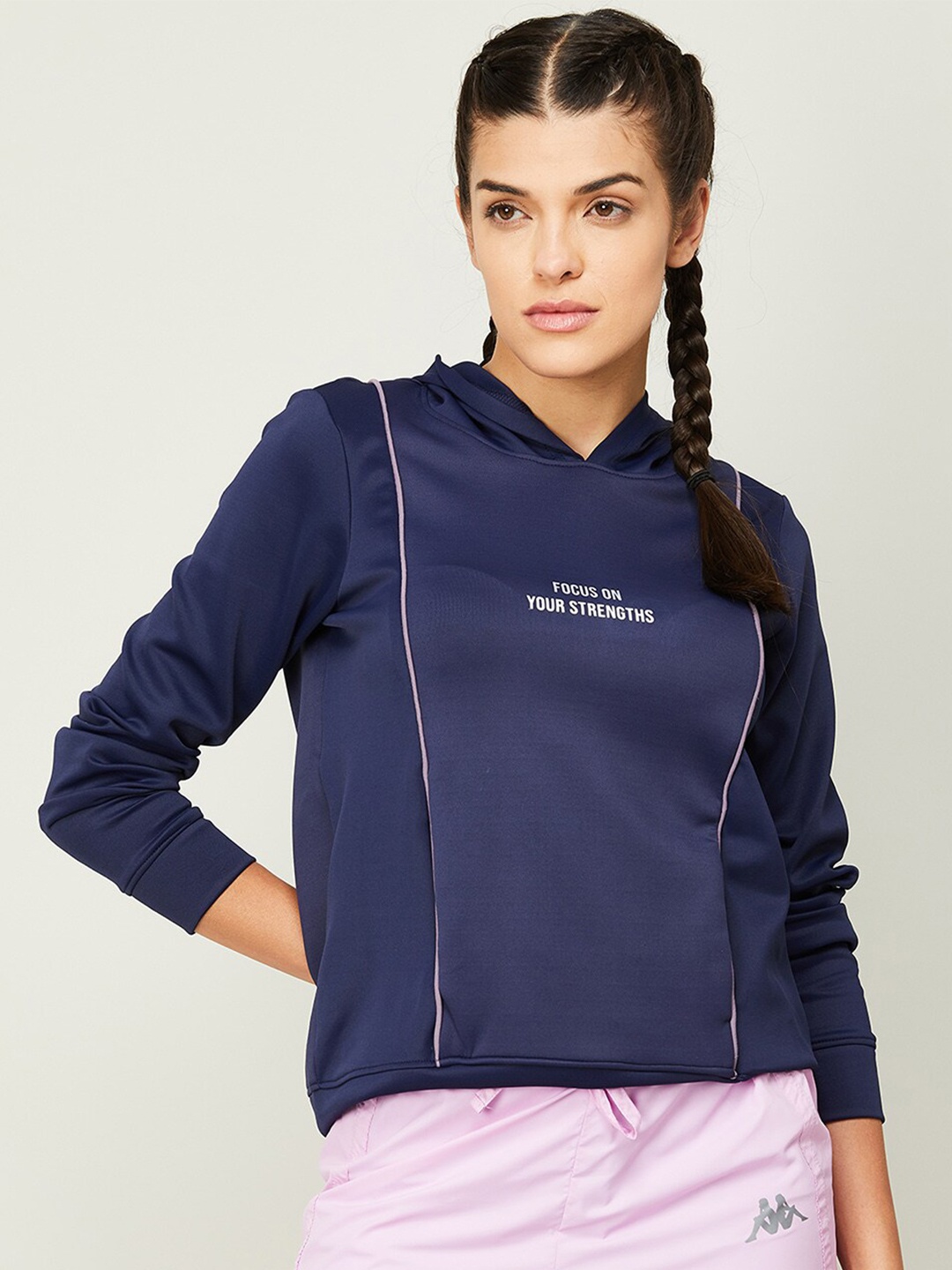 

Kappa Women Navy Blue Hooded Cotton Sweatshirt
