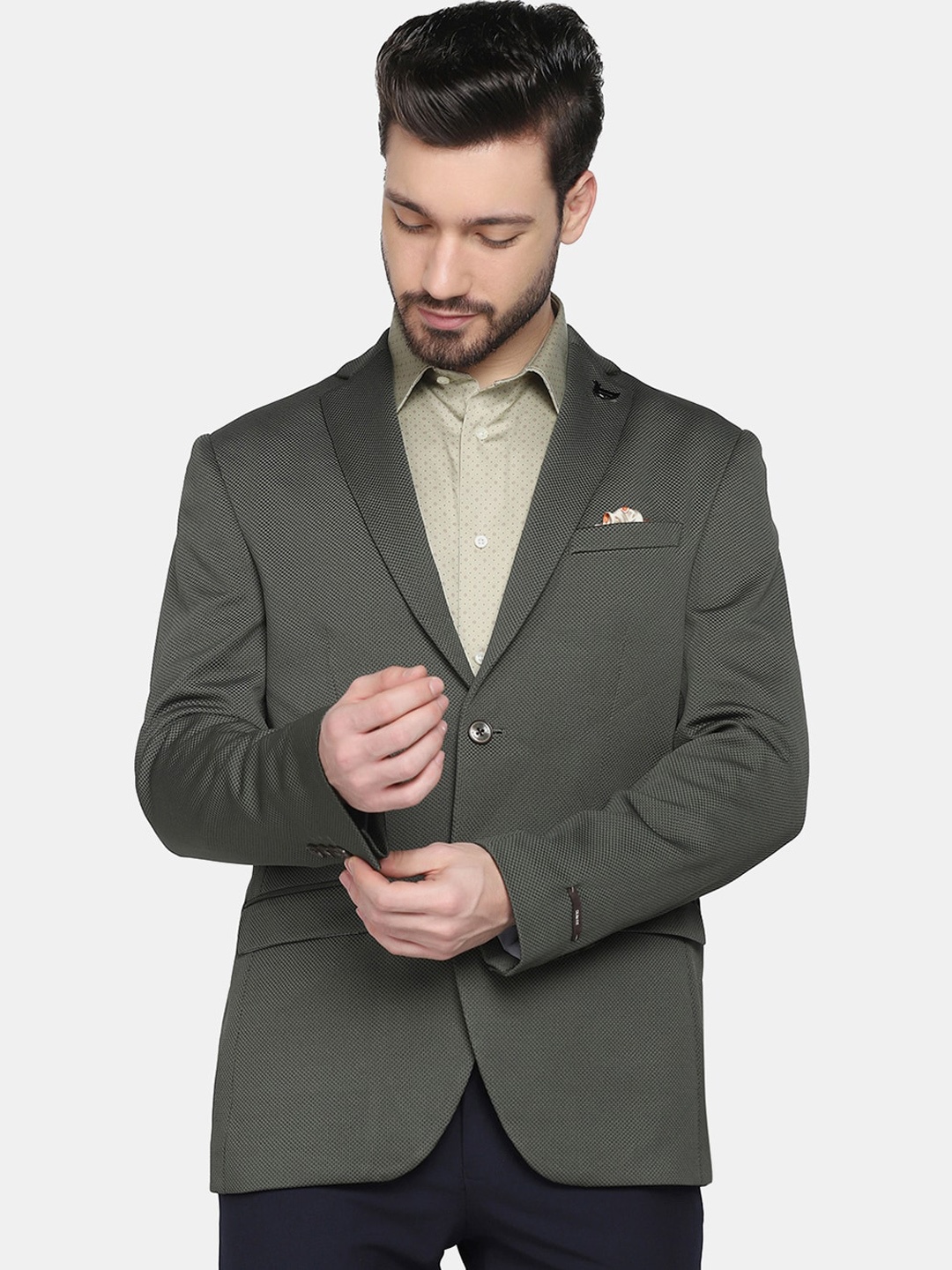 

Blackberrys Men Olive-Green Solid Single-Breasted Formal Blazer