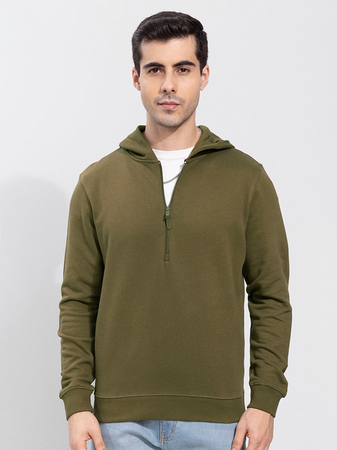 

Snitch Men Olive Green Cotton Hooded Sweatshirt