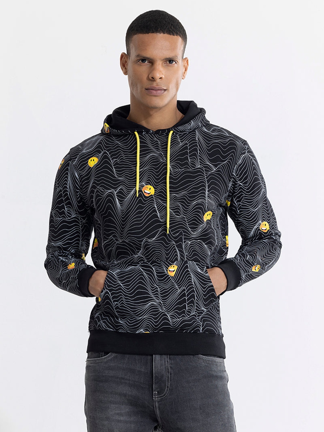 

Snitch Men Black Printed Cotton Hooded Sweatshirt