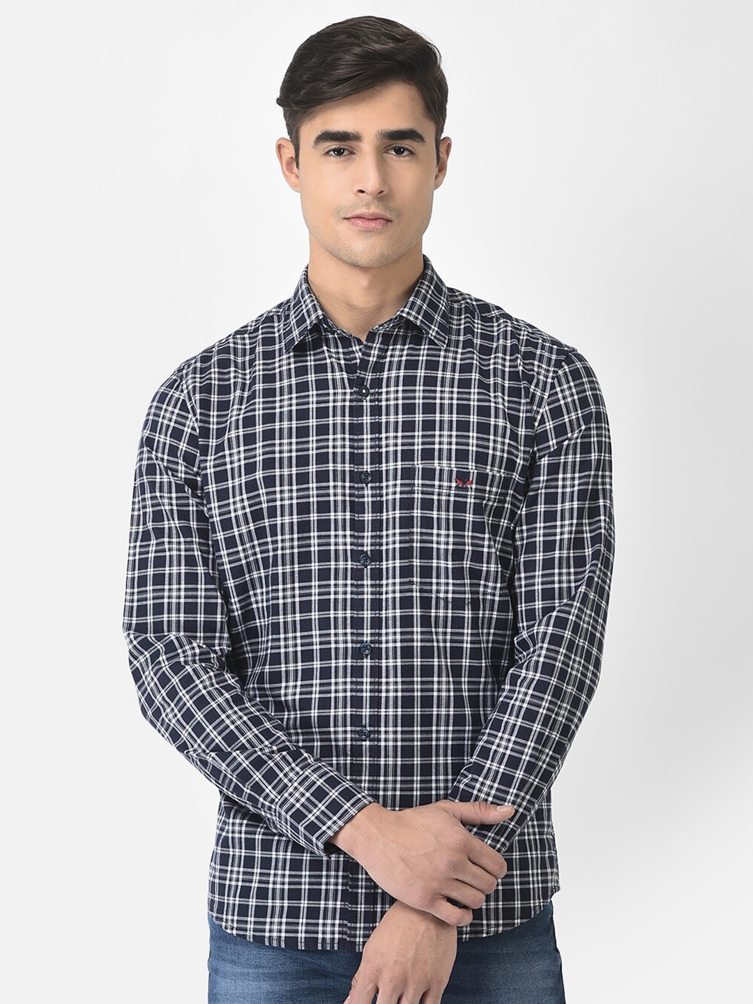 Crimsoune Club Men Navy Blue Slim Fit Tartan Checks Cotton Casual Shirt