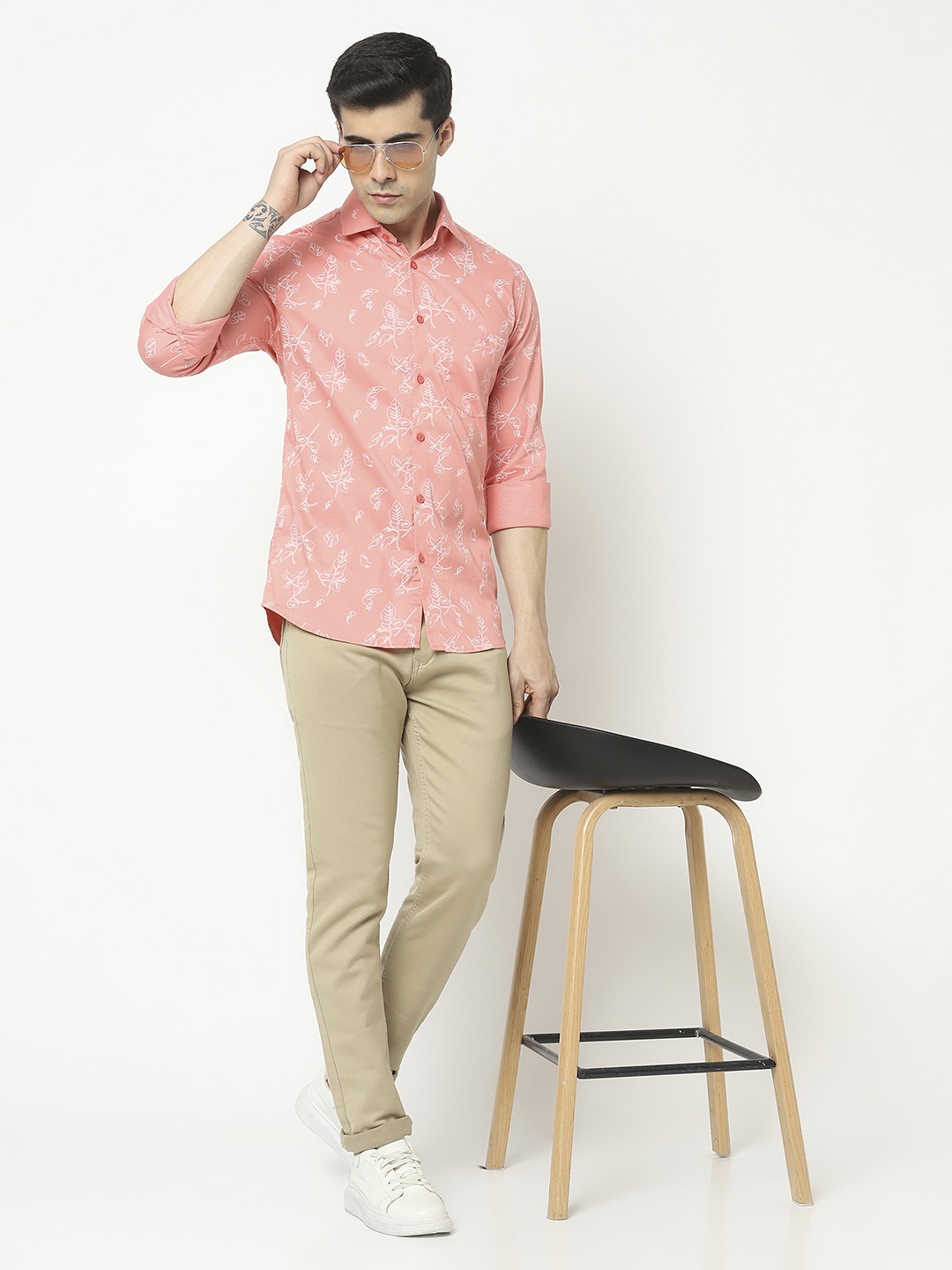 

Crimsoune Club Men Slim Fit Floral Printed Cotton Casual Shirt, Coral