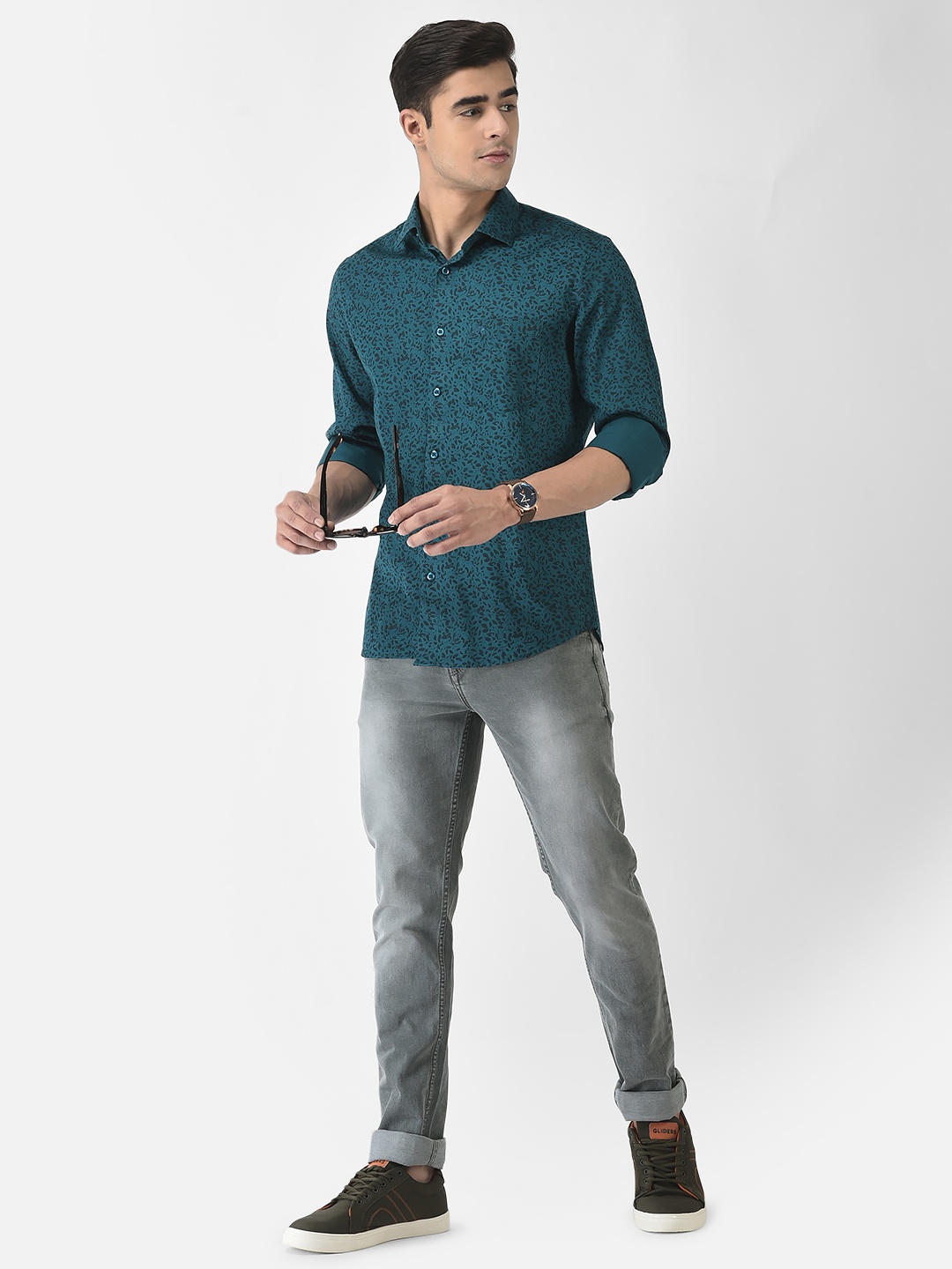 

Crimsoune Club Men Teal Slim Fit Floral Printed Cotton Casual Shirt