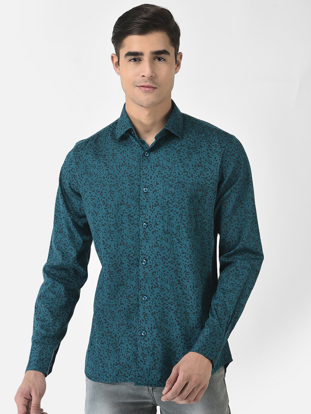 

Crimsoune Club Men Teal Slim Fit Floral Printed Cotton Casual Shirt