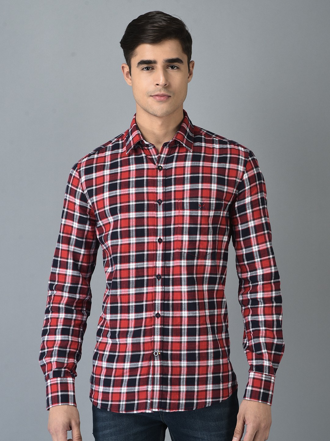 

Crimsoune Club Men Red Slim Fit Tartan Checked Cotton Casual Shirt