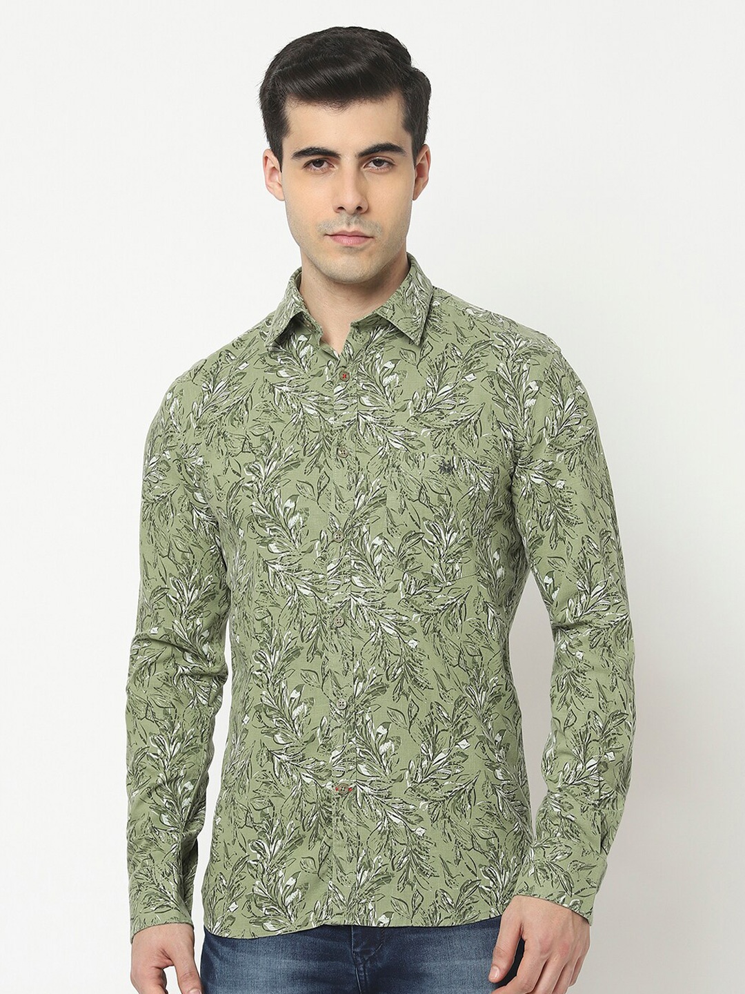 

Crimsoune Club Men Green Slim Fit Floral Printed Cotton Casual Shirt