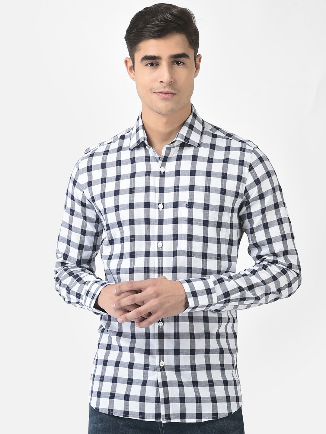 

Crimsoune Club Men White Slim Fit Gingham Checked Cotton Casual Shirt
