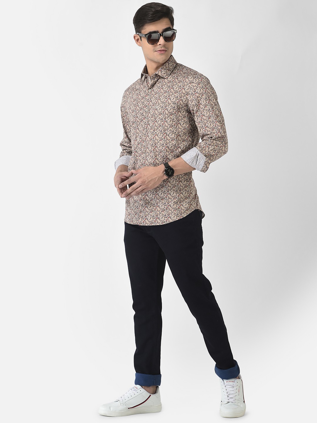 

Crimsoune Club Men Beige Slim Fit Floral Printed Cotton Casual Shirt