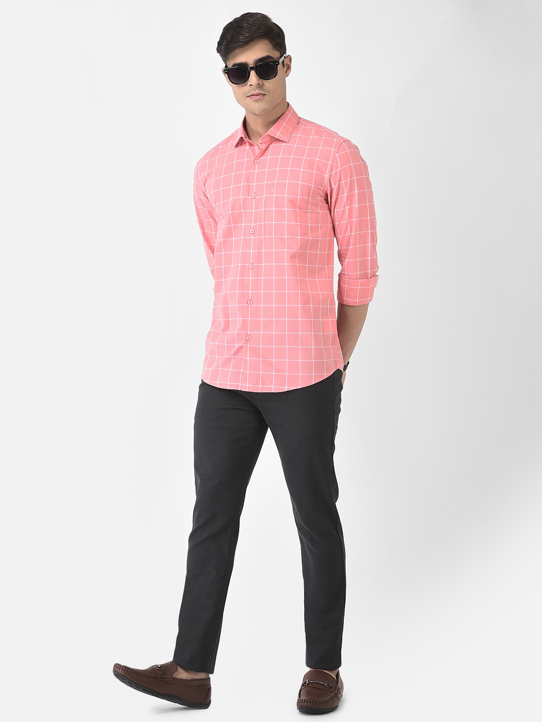 

Crimsoune Club Men Pink Slim Fit Windowpane Checked Cotton Casual Shirt