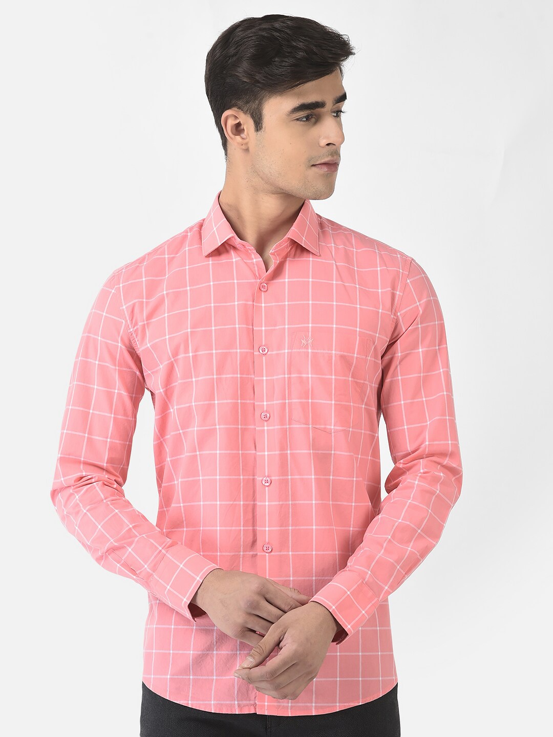 

Crimsoune Club Men Pink Slim Fit Windowpane Checked Cotton Casual Shirt