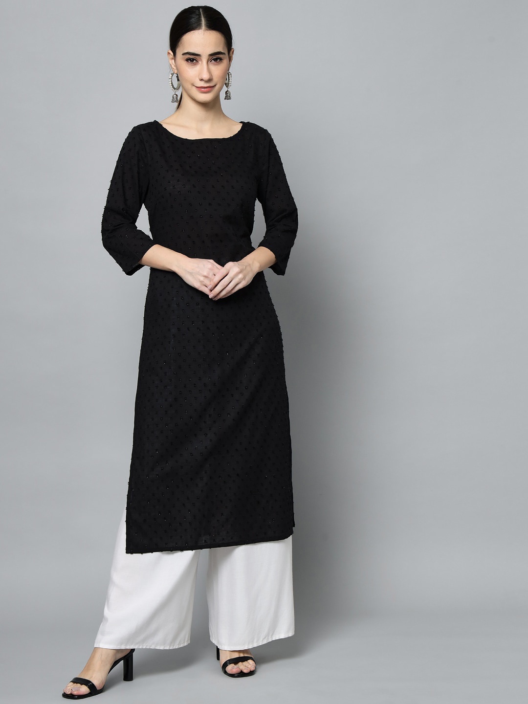 

Sutidora Embroidered Boat Neck Cotton Kurta, Black