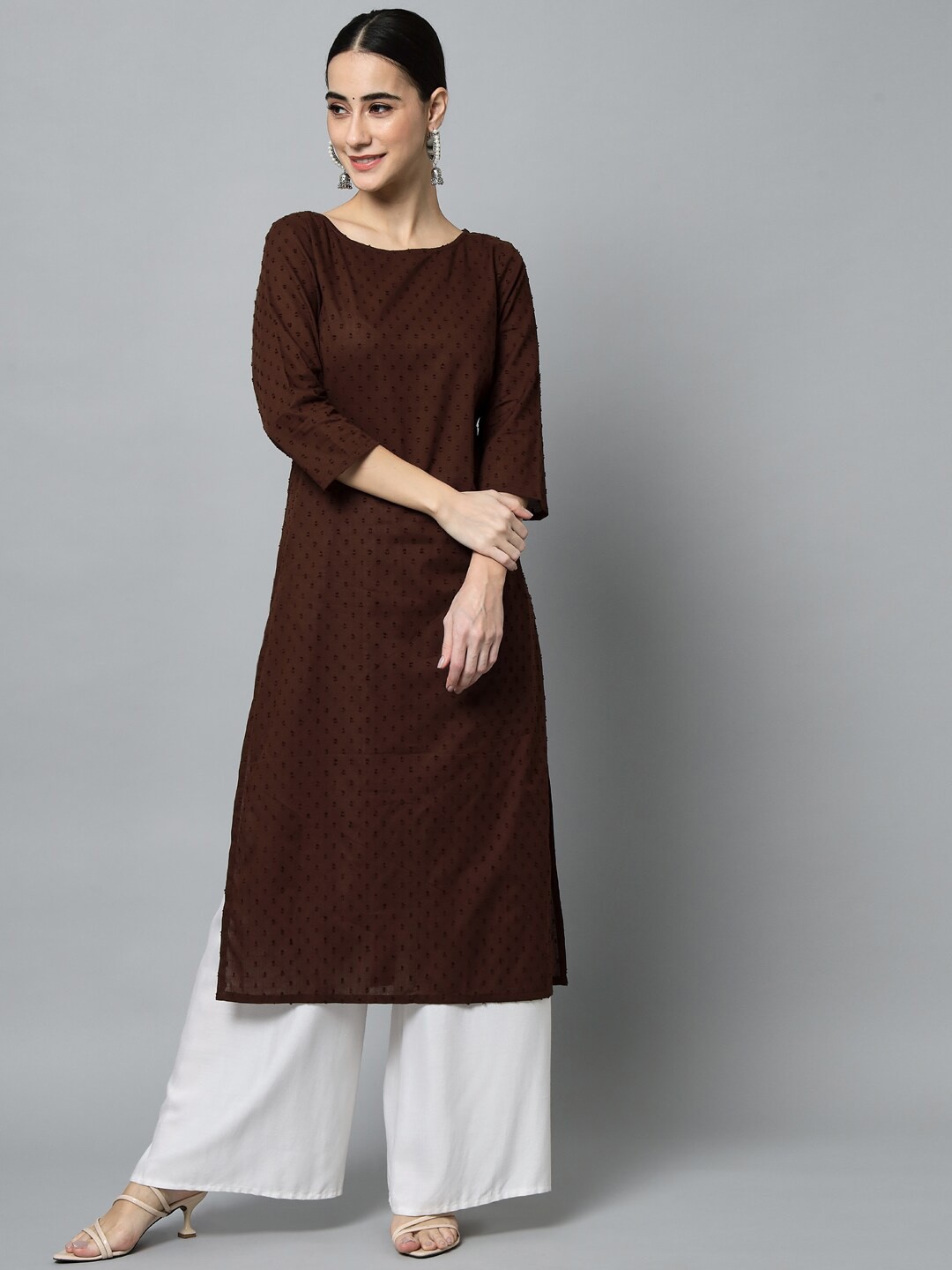 

Sutidora Women Brown Thread Work Side Slit Round Neck Pure Cotton Kurta