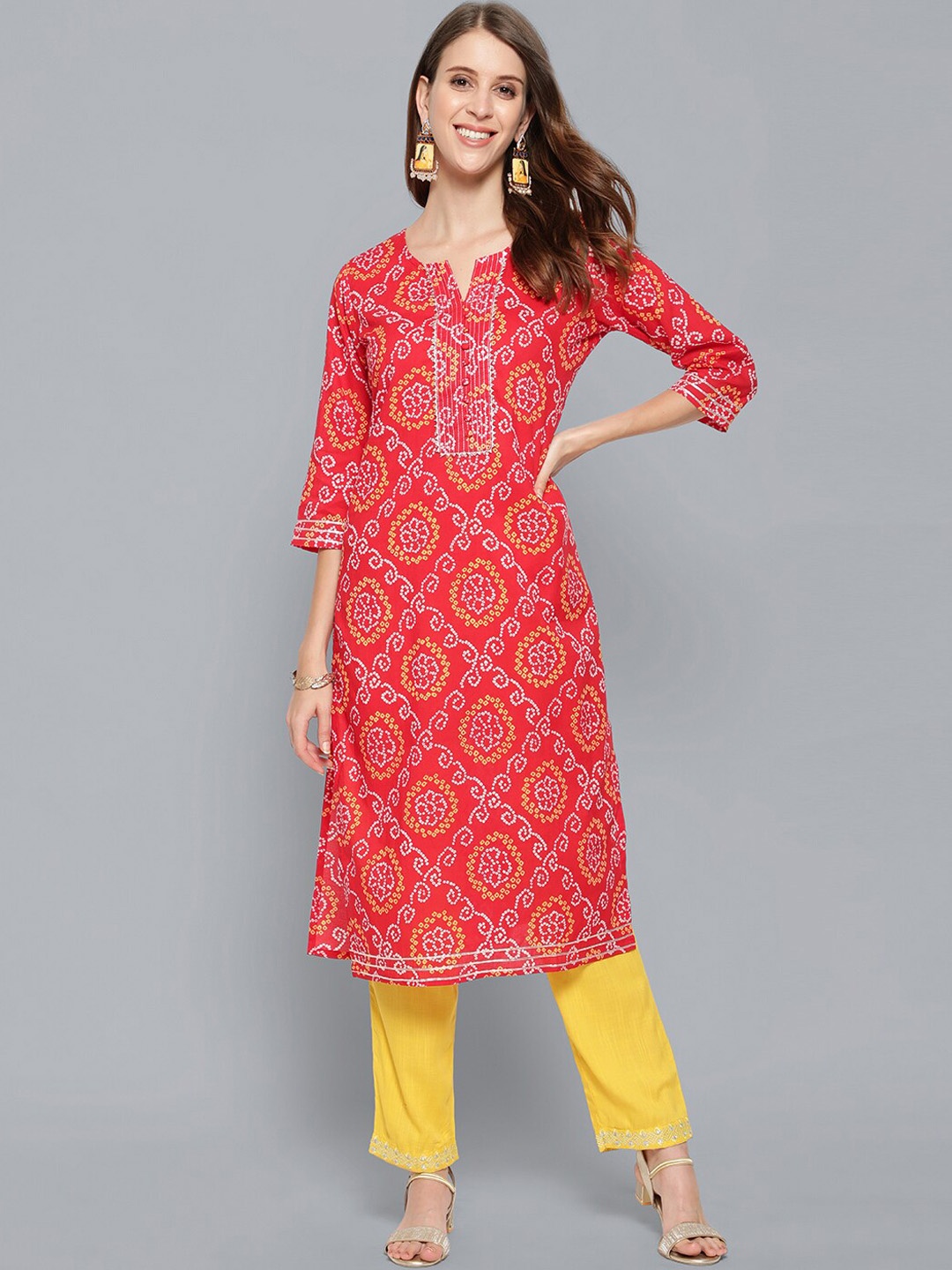 

antaran Ethnic Motifs Printed Straight Regular Cotton Kurta, Red