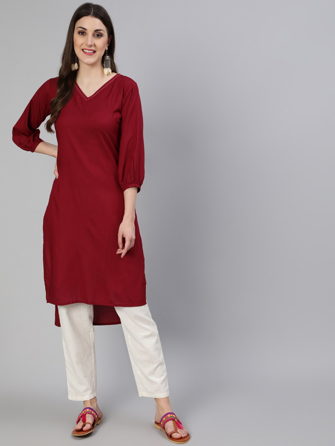 

antaran V-Neck High Low Rayon Kurta, Maroon
