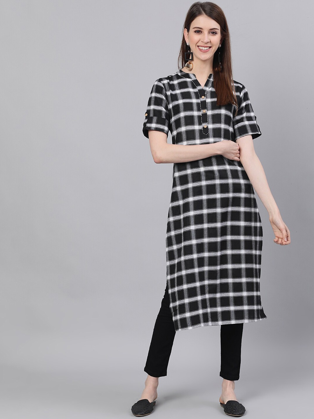 

antaran Checked Pure Cotton Kurta, Black