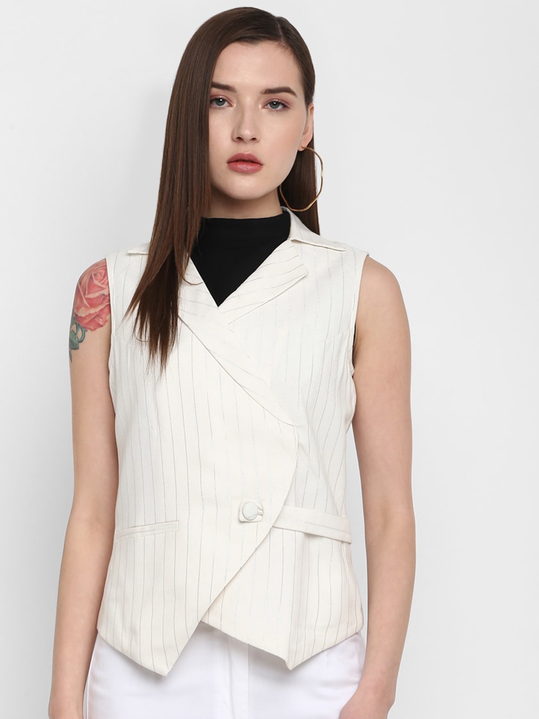 

DEEBACO Women Off White Striped Single-Breasted Pure Cotton Blazer