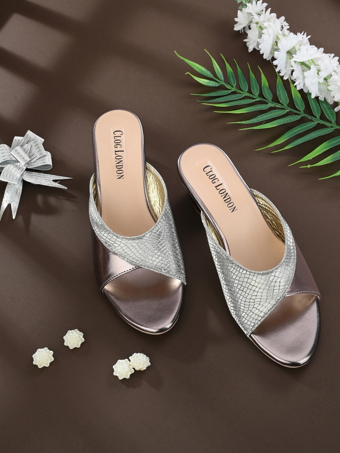 CLOG LONDON Grey & Silver-Toned Embellished Block Heels