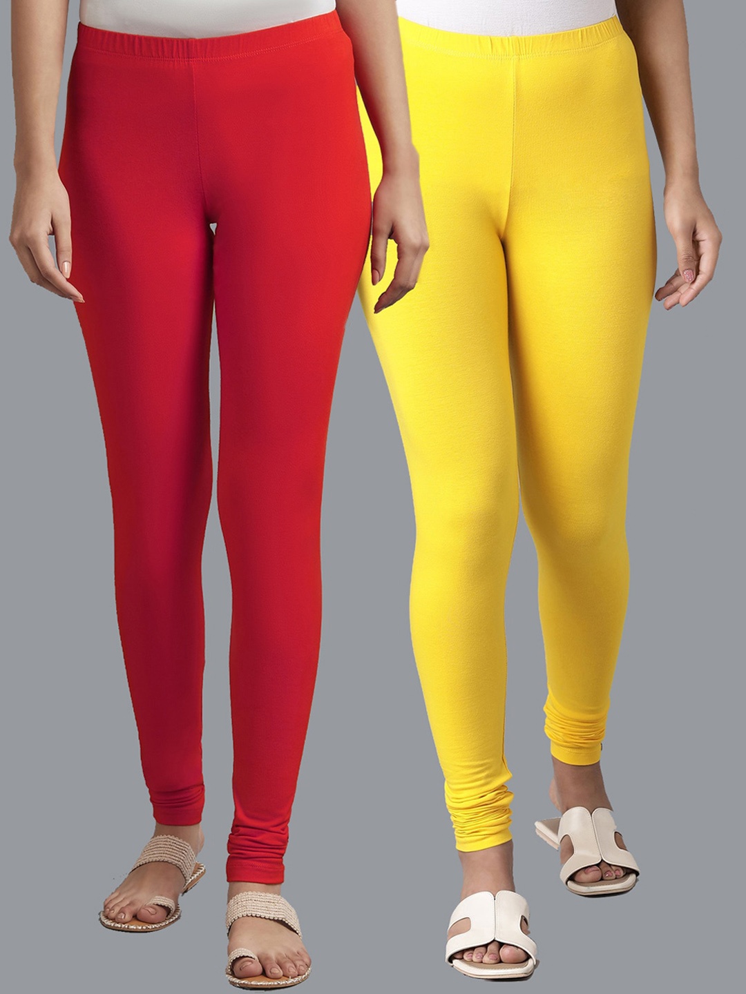 

KEX Women Pack of 2 Yellow & Red Solid Churidar-Length Slim-fit Leggings
