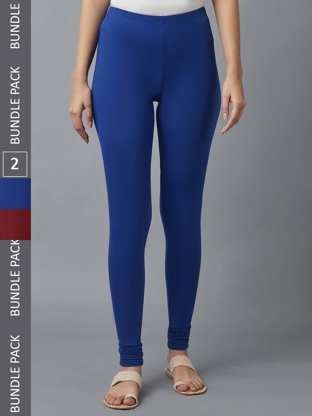 

KEX Women Blue & Maroon Pack Of 2 Solid Churidar Length Cotton Leggings